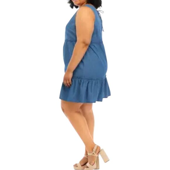 True Craft Womens Sleeveless Denim Tiered Dress Size L V-Neck & Back Tie Closure - Picture 2 of 16